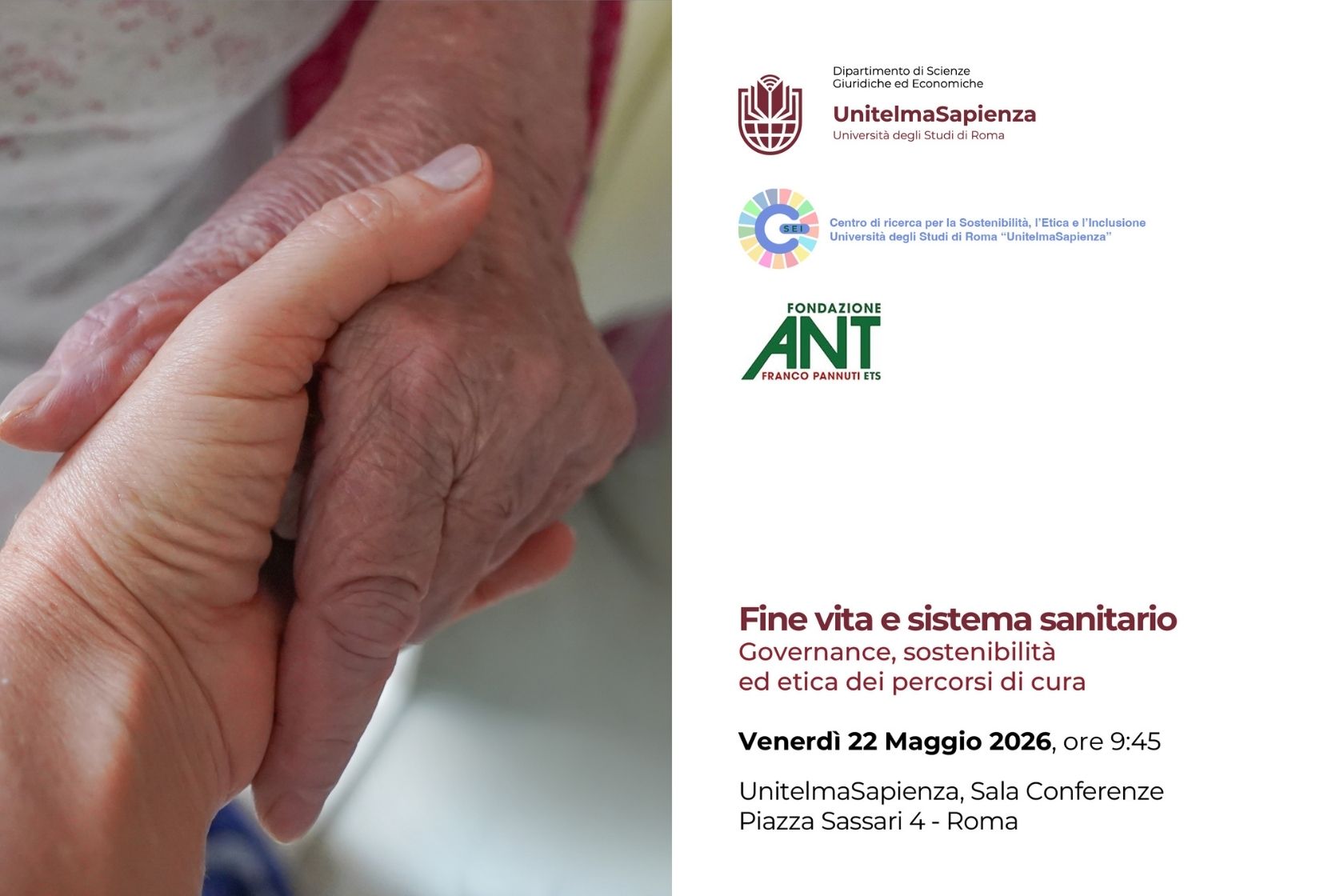 A UnitelmaSapienza il convegno “Fine vita e sistema sanitario. Governance, sostenibilità ed etica dei percorsi di cura”